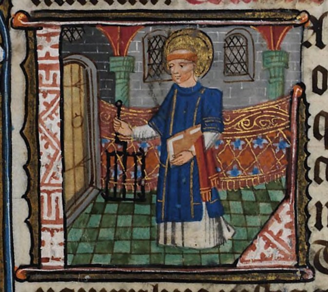 National Library of Wales [CC0], <a href="https://commons.wikimedia.org/wiki/File:De_Grey_Hours_f.56.r_St._Laurence.png"  target="_blank">via Wikimedia Commons</a>