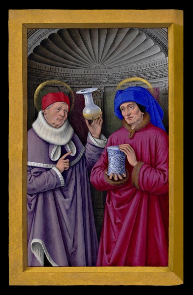 Saints Cosmas and Damian, miniature from the Grandes Heures of Anne of Brittany.

<a href="https://commons.wikimedia.org/wiki/File:Saint_C%C3%B4me_%26_Saint_Damien_Grandes_Heures_Anne_de_Bretagne_XVIe.jpg" title="via Wikimedia Commons" target="_blank">Jean Bourdichon</a> / Public domain