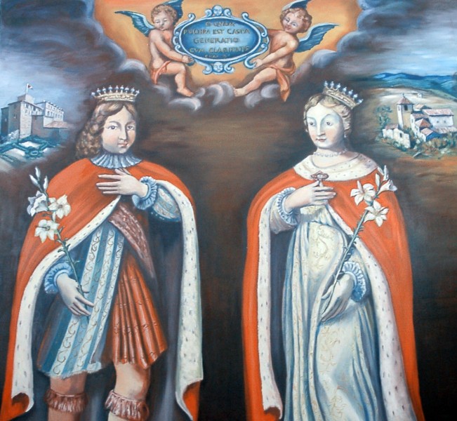 Painting of Elzéar and Delphine of Sabran in the choir of the church of Puymichel

<a href="https://commons.wikimedia.org/wiki/File:Tableau_Puimichel_2.jpg" title="via Wikimedia Commons" target="_blank">Rikiwiki21 at fr.wikipedia</a> / Public domain