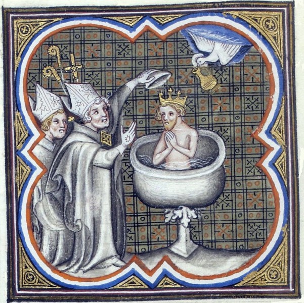 Baptism of Clovis by Saint Remy, Bishop of Reims. The Holy Spirit brings the holy bulb containing the holy chrism used for the anointing. Illumination from the Grandes Chroniques de France, circa 1375-1380

<a href="https://commons.wikimedia.org/wiki/File:Bapt%C3%AAme_de_Clovis.jpg" title="via Wikimedia Commons" target="_blank">Bibliothèque nationale de France</a> / Public domain